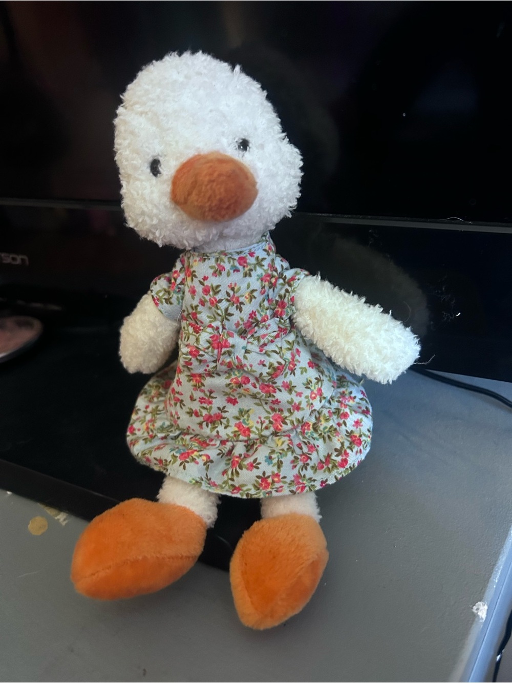 Jellycat White Duck Plush in Floral Dress with Orange Beak and Feet